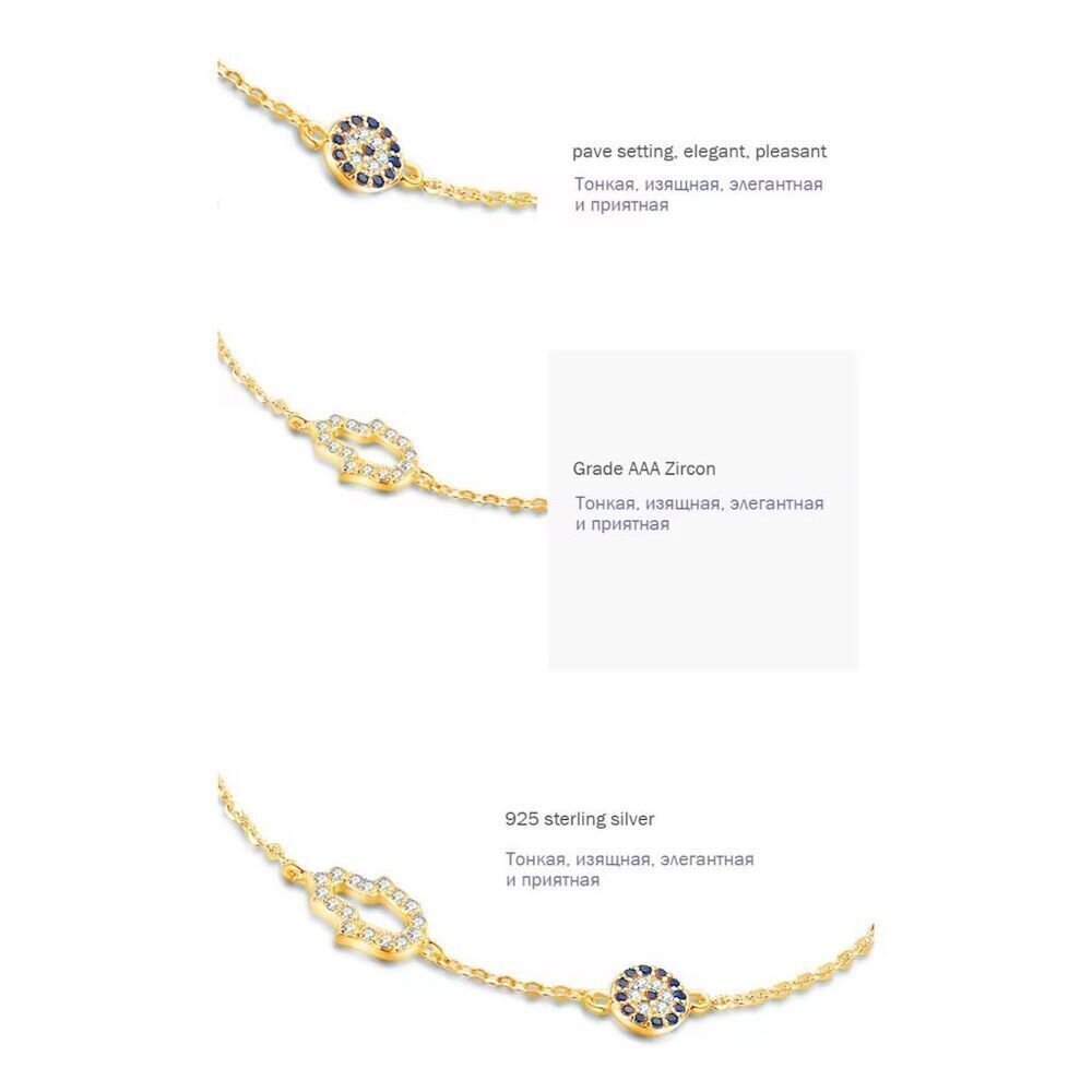 Chic Trendy Evil Eye Blue Zirconia 925 Silver Gold Plated Bracelet Dainty - Picture 5 of 8
